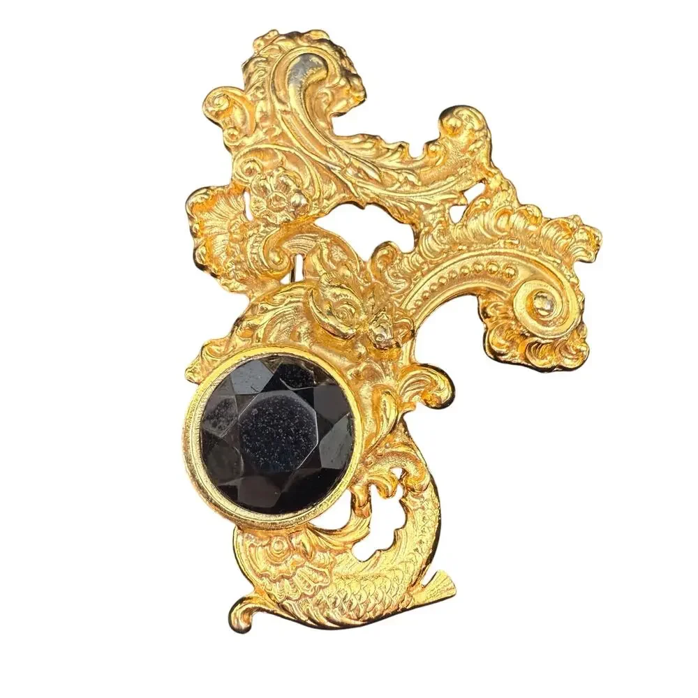 Vintage Baroque Gold Tone Black Cabochon Koi Fish Swirl with Koi Brooch Pin